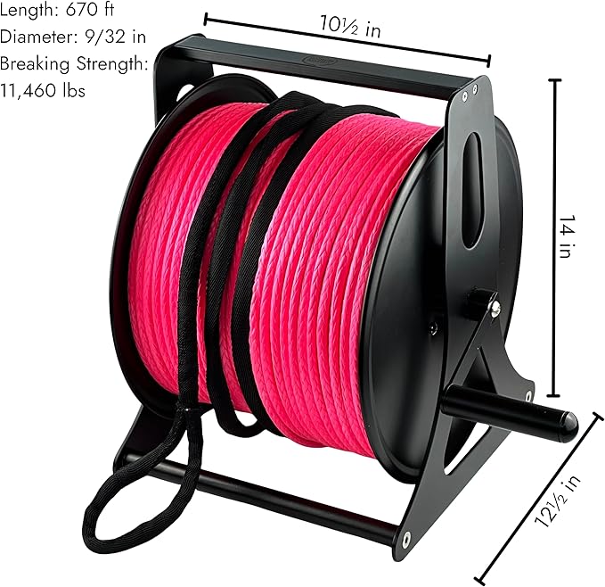DOWN UNDER OUTDOORS Game/Log/4x4 Recovery Kit, Deer Drag, 650 ft of 9/32” (11,460 lbs) Winch Rope on Metal Reel, 2 Tree Savers, 2 Soft Shackles, 2 Snatch Rings, 2 Figure 8 Rings, Gear Bag