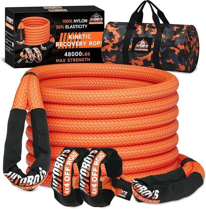 AUTOBOTS Kinetic Recovery Rope 1" x 20' (48,000lbs)+2 Soft Shackles Heavy Duty Kinetic Tow Rope for Truck ATV UTV SUV Offroad Recovery Kit