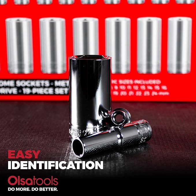 Olsa Tools Metric Deep Socket Set (19pc) - 3/8-Inch Drive - Chrome 6-Point Deep Well Socket Set - Metric Sizes From 6 mm to 24 mm - Mechanics Socket Sets - Professional Grade - Part: 1809