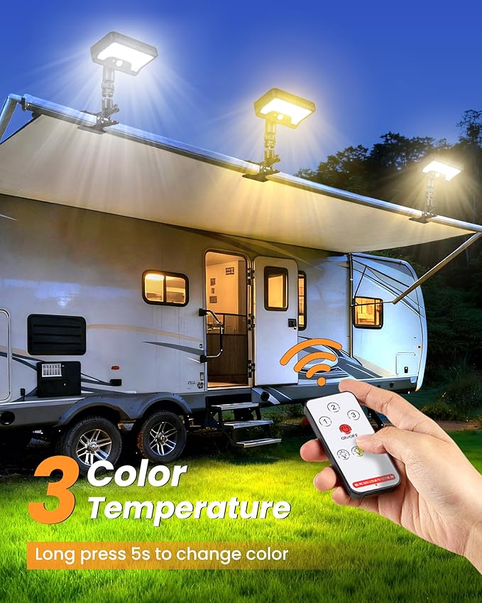 Clip on Solar RV Lights Exterior, 600LM RV Outdoor Lights with Motion Sensor, USB & Solar Dual Charging, 3000/5000/6000K Remote Control RV Porch Light for Camper, Motorhome, Trailer, Camping (2 Pack)