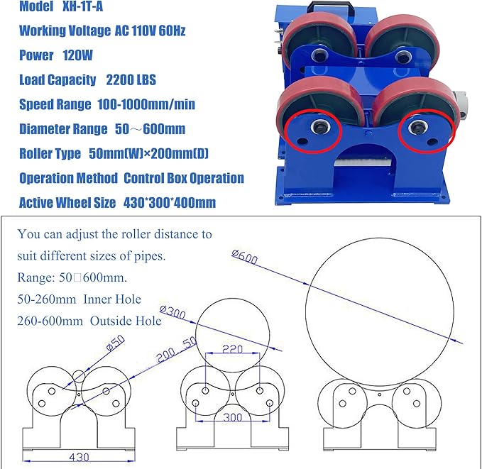 Welding Turning Roll Linkage Roller Rotary Welding Positioner Digital Welding Equipment Tank Welding Holder 50-600mm Diameter 110V with 2200LBS Capacity for Pipeline Welding