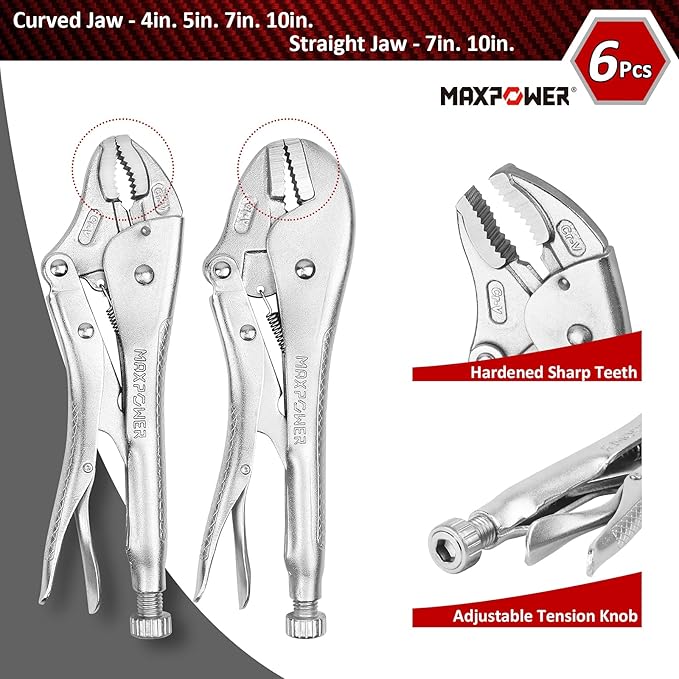 MAXPOWER 15-pc Locking Pliers Set with C-clamps, Long Nose, Pinch Off, Sheet Metal Clamp, U Shaped Pliers and Tool Bag