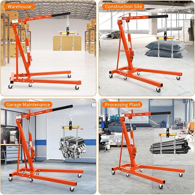 2 Ton Folding Hydraulic Engine Hoist with Load Leveler 4400 LBS Capacity Heavy Duty Cherry Picker 6 Swivel Wheels&Hydraulic Pump Adjustable Boom (0.5T-2T) for Garage Workshop Warehouse Orange