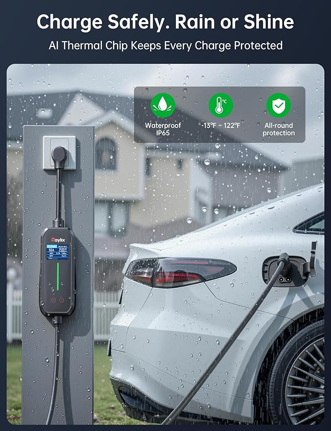 Raylix 32A Level 2 EV Charger, 240V 7.68kW Mobile Electric Car Charger with 21ft Cable [Adjustable Current & Delay Charging] Portable EV Chargers for All SAE J1772, NEMA 14-50 Plug 4 Prong Plug