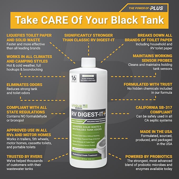 Unique RV Digest-It+, Extra-Strength RV Toilet Treatment - Liquifies Waste and All Brands of Toilet Paper - Odor Eliminator 32 oz (3-Pack)