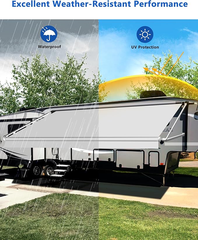 RV Awning Fabric Replacement, Upgraded 18.5oz Vinyl Camper Awning Replacement, Universal Outdoor Canopy for Electric and Manual RV Awning (11'(Fabric 10'2"), White)