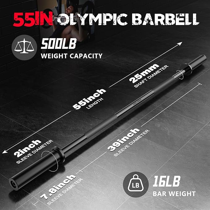 Olympic Barbell Bar 55", 2In-Weight Lifting Bar Standard Straight Barbell Bars for Bench Press/Hip Thrusts/Biceps/Lunges/Squat/Strength-Training Home Gym Weight Bar, 2 Collars(500lb Capacity)