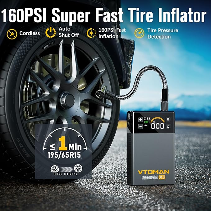 VTOMAN X3 Jump Starter with Air Compressor, 3500A Portable Car Battery Jumper Starter (9L Gas/8.5L Diesel Engines) with 160PSI Auto-Shutoff Tire Inflator, 12V Lithium Battery Booster Pack, Jump Box