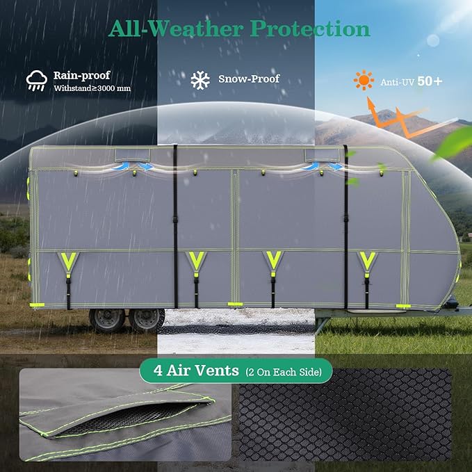 UIRWAY 600D Oxford RV Cover Travel Trailer 27-30ft, Upgraded Waterproof Camper Cover for Toy Hauler, Windproof Rip-Stop Heavy Duty RV Winter, Weatherproof & Anti-UV, 4 Tire Covers,Tongue Jack Cover