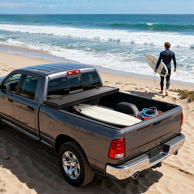 Low-Profile Hard Quad-fold Tonneau Cover Fit for Dodge Ram 1500 2009-2024, Fit for Dodge Ram 2500 3500 2010-2026, Fleetside 6.4ft Bed Without Rambox