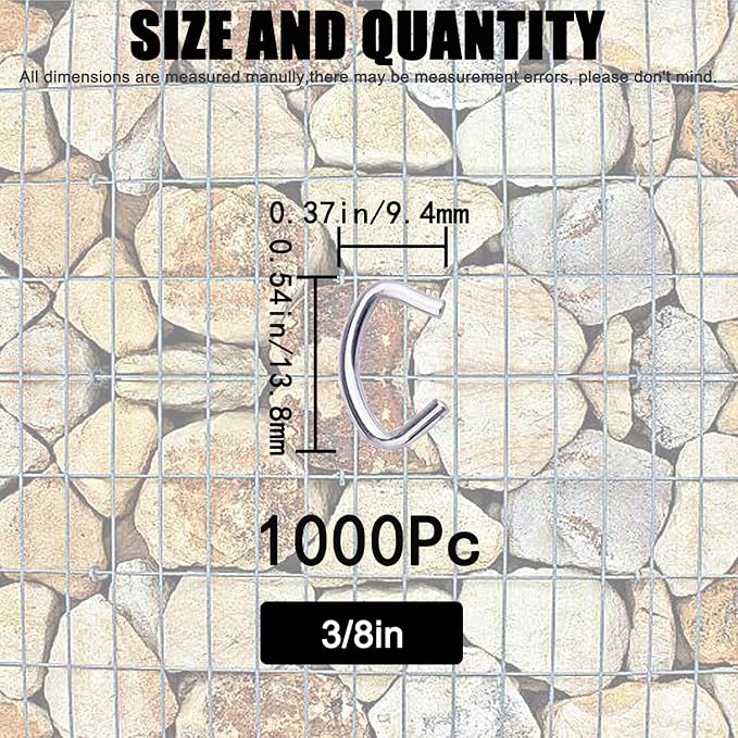 1000Pcs 3/8" Galvanized Hog Rings Assortment Kit, Professional Hog Rings Installation Kit for Bungee Shock, Cords, Animal Pet Cages