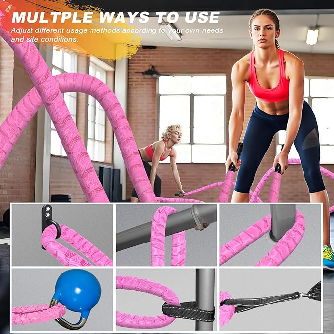 Battle Ropes for Home Gym,1.26inch 30ft Long Pink Battle Ropes with Protective Cover - Workout Equipment Heavy Exercise Ropes for Strength Training for Kids or Adults