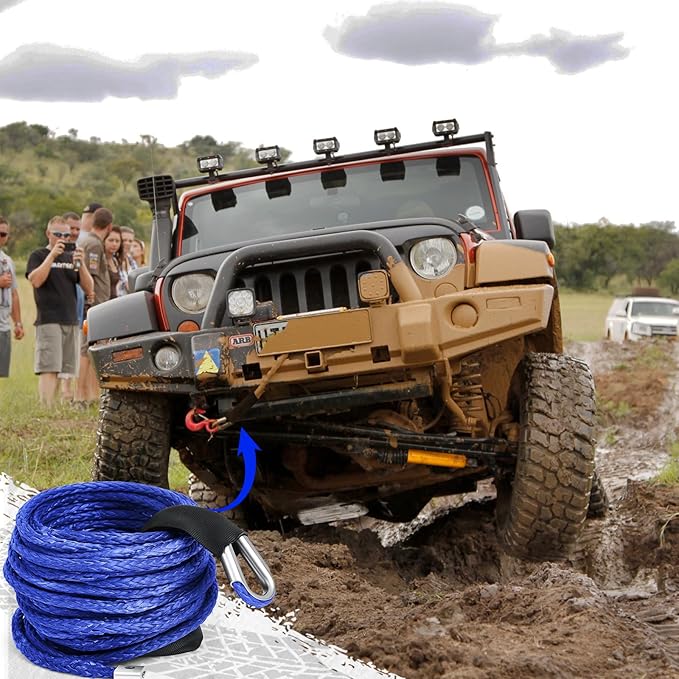 Blue Synthetic Winch Rope 3/8'' x 50ft 26, 500 Lbs Synthetic Winch Line Cable Rope with Protective Sleeve for Off Road Vehicle 4WD SUV Truck ATV UTV SUV