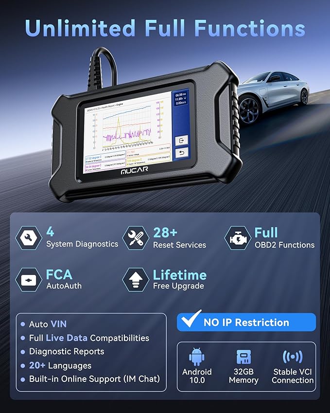 MUCAR CS90 OBD2 Scanner Diagnostic Tool with 28+ Reset Services, Oil/EPB/SAS/BMS/Injector, ABS Bleeding, Throttle Relearn, ABS SRS Engine Transmission Code Reader, FCA AutoAuth, Lifetime Free Update