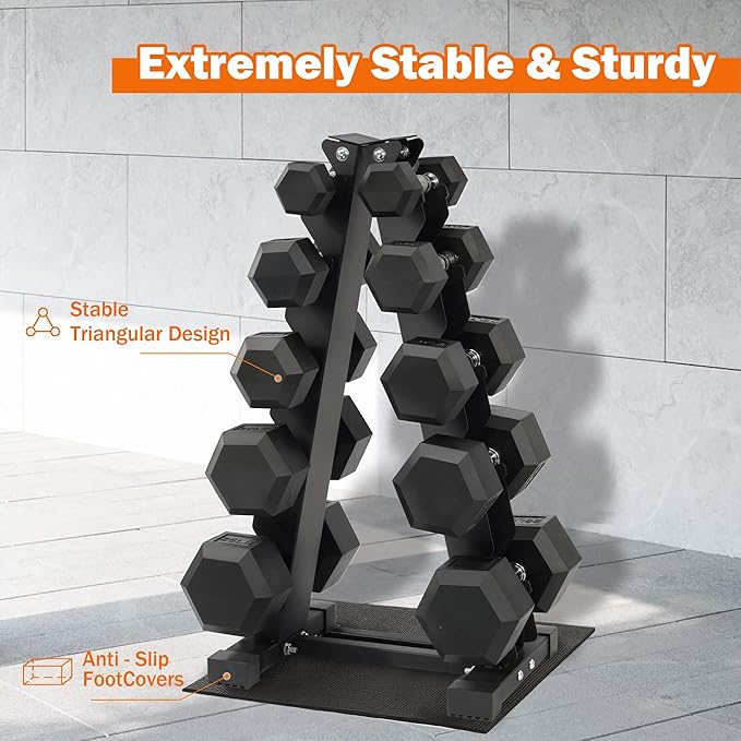 Rubber Encased Hex Dumbbell Set with Rack, 5-20LB or 5-25LB Hand Weights with Anti-Slip Grip for Exercise & Fitness, Dumbbell Weights Set for Home Gym, 100LB or 150LB Set Options