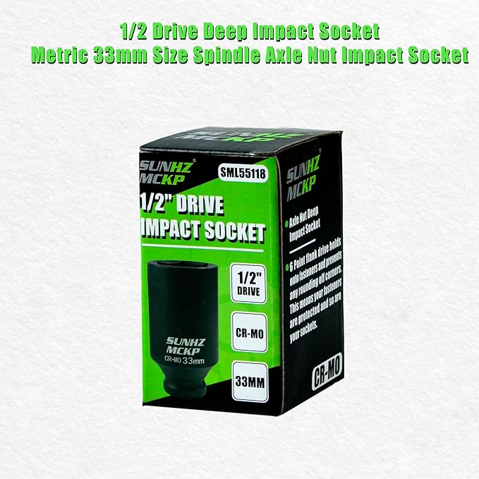 SUNHZMCKP 1/2 Inch Drive Impact Socket, Metric 33 mm Deep 6 Point Socket, CR-MO, Axle Nut Impact Grade Socket for Easy Removal