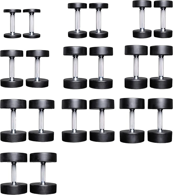 REP Fitness Urethane Coated Round Dumbbells, 5 to 100 lbs, Singles or Pairs, With or Without Rack, Steel Core, Rubber Encased, Chrome Handles, Professional Weights for Home Gym Strength Training