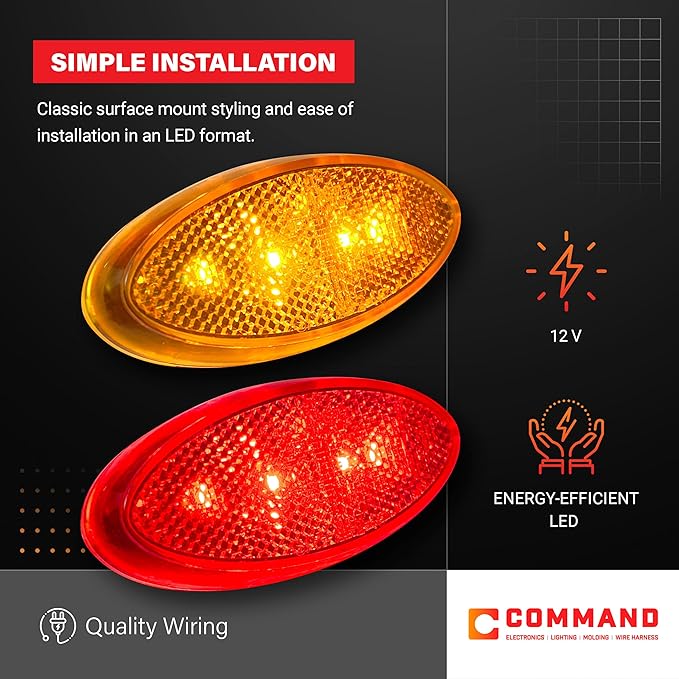 Command Electronics OEM 12V LED RV & Trailer Oval Clearance Light with Built-in Reflex – Made in USA – Surface Mount – Amber & Red – 4-Pack