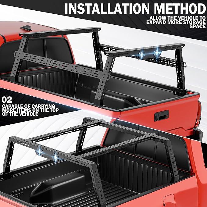 Adjustable 16-24.8" High Truck Cargo Rack Bed Racks Cargo Carrier with 2 LED Lights Compatible with Silverado/Sierra/Ram/Tacoma/Tundra/Titan/Frontier/Canyon/Gladiator JT/Ford F-Series