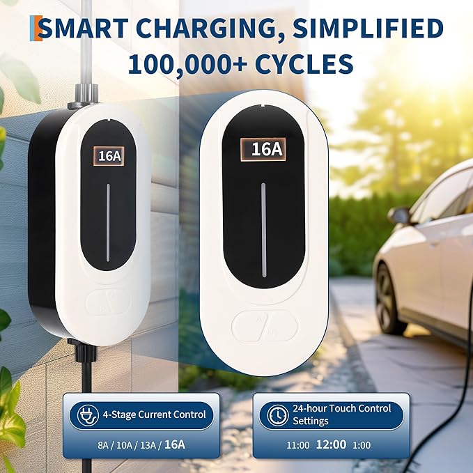 Level 1&2 EV Charger, 16A 110-240V Dual Voltage, NEMA 6-20 & 5-15 Plug, 25 ft Cable, Adjustable Current/Delay Timer, SAE J1772 Listed Portable Electric Car Charger for Indoor/Outdoor Use