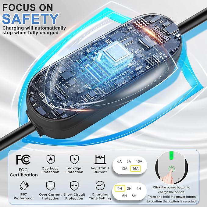 SubSun Universal Level 1 & 2 Portable EV Charger 16Amp 110V-240V Electric Car Charger for All EVs Include J1772, 25FT EV Charging Cable with NEMA 6-20P and 5-15 Adapter