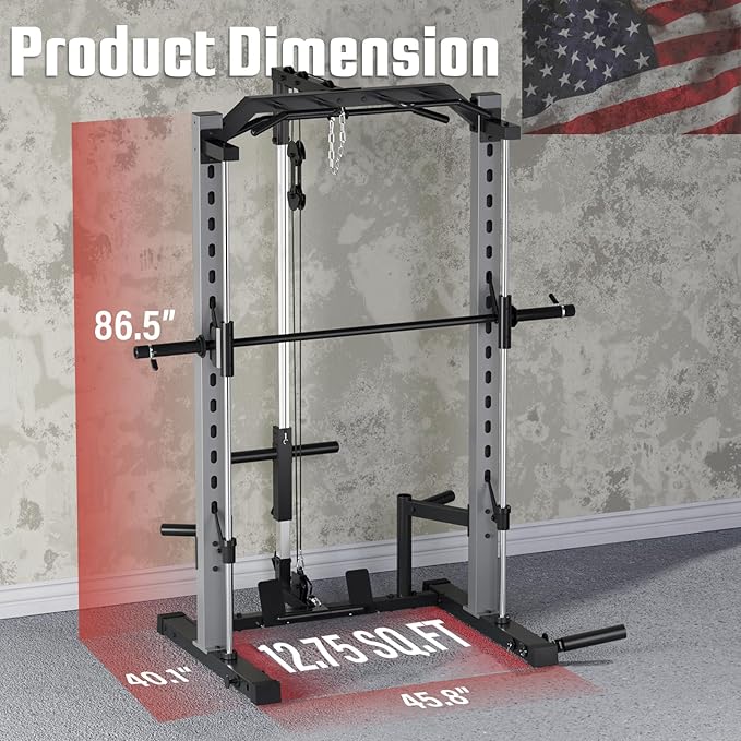OPPSDECOR Power Cage, Multi-Function Power Rack with Adjustable Cable Pulley System, Squat Rack with Pull-up Bar, J-Hooks, More Training Attachment for Home Gym