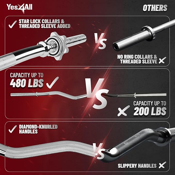 Yes4All 480LB Standard Straight Barbell 60" & EZ Curl Bar 47", Weight Bar 1" Diameter - Star Lock Collars & Rubber Ring for Deadlifts, Squats