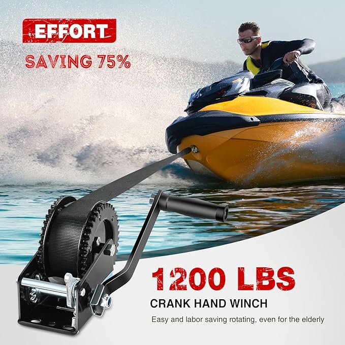 Nilight Boat Trailer Winch 1200 Lbs Hand Crank Winch Heavy Duty Boat Winches with 23Ft Strap Rope Hook 2-Way Ratchet 4:1 Gear Portable Marine Manual Winch for Trailers Boats RV ATV Jet Ski Towing