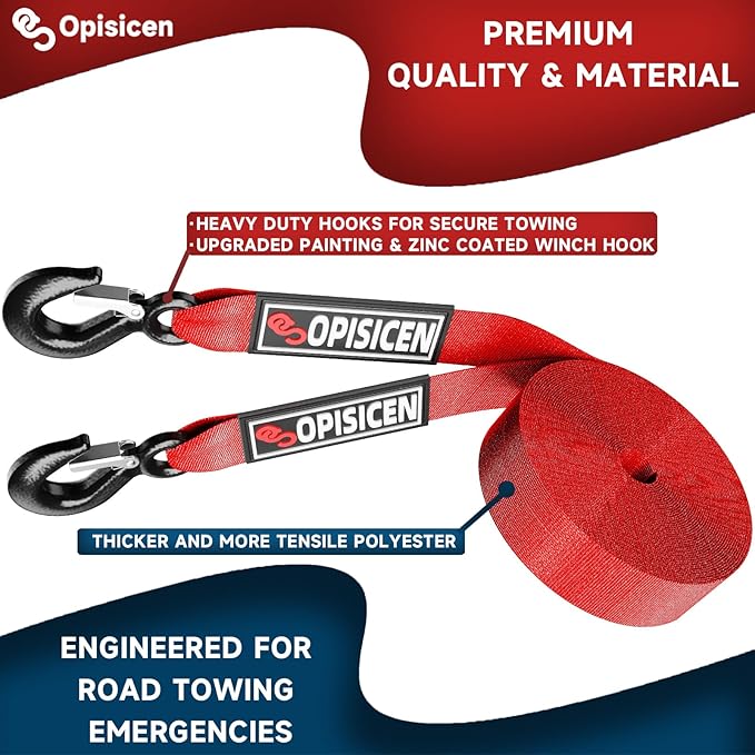 Tow Strap with Hooks 2 Inch x 20 Foot - 15,216 lbs Breaking Strength Emergency Heavy Duty Capacity Tow Rope Forged Steel Hooks for Car Truck Jeep ATV SUV, Roadside Recovery (Red, 2" x 20')