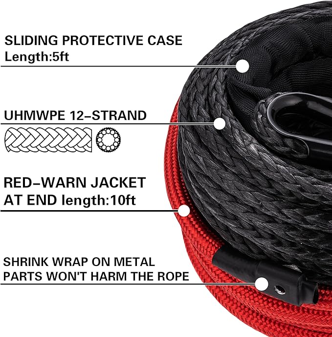 3/8" x 92ft Synthetic Winch Rope, 25,500LBS Heavy Duty Winch Cable with Protective Sleeve, Forged Winch Hook & Safety Strap for Off-Road 4x4, SUV, Jeep, Truck (Black)