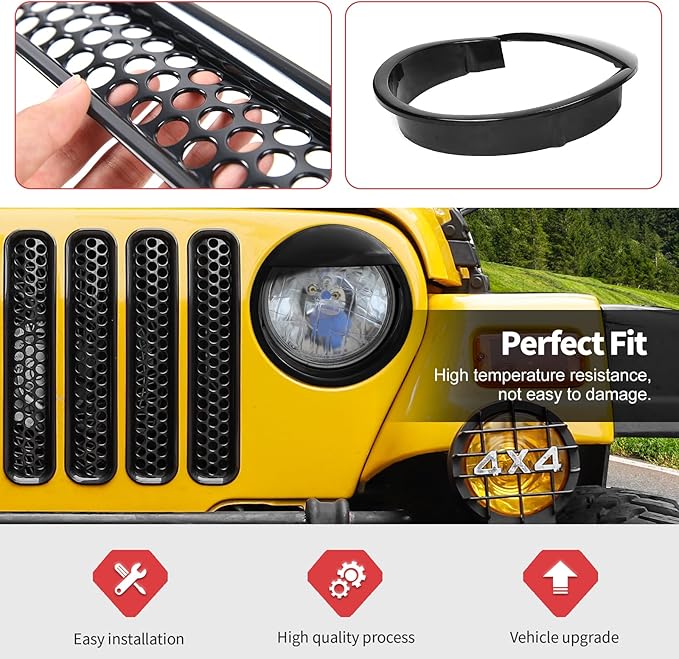 Jimen Fit for Jeep Wrangler TJ 1997-2006, Front Mesh Grille Inserts & Headlight Bezels Cover Trim
