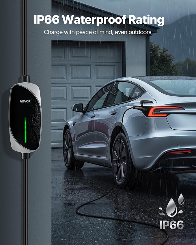 VEVOR Level 1/2 Tesla Charger, 16 Amp, Portable Electric Car EV Charger with 25 ft Charging Cable, 120V-240V, NEMA 6-20P Plug NEMA 5-15 Adapter, LED Indicator, NACS Connector for Tesla Model Y/X/3/S