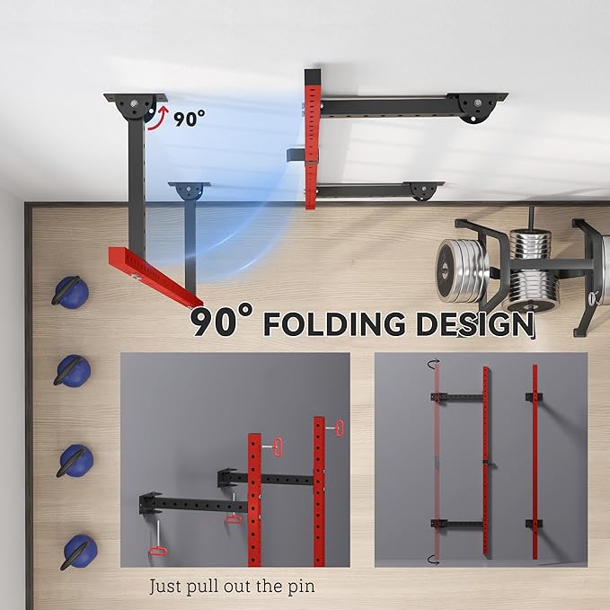 Soozier Folding Squat Rack with Adjustable Pull-Up Bar, 1000 Pounds Capacity Wall Mounted Power Rack, Adjustable Barbell Rack with J Hooks for Home Gym Full Body Workout