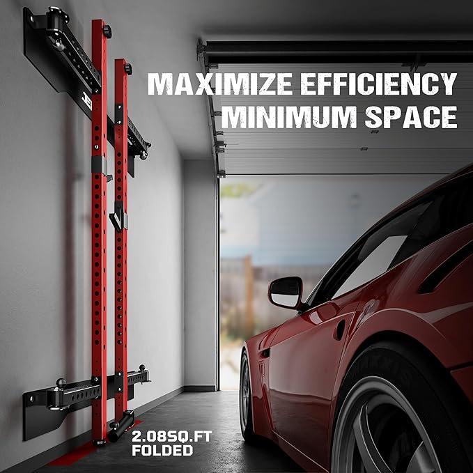Folding Squat Rack, Wall Mounted Power Rack for Home Gym, Space Saving Multi-Functional Power Cage with Attachments