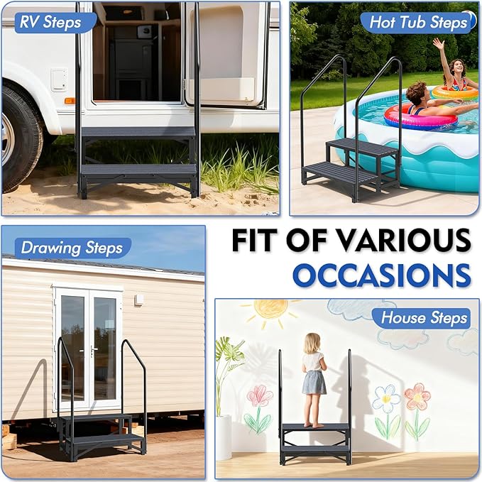 2-Step RV Steps with Dual Handrails, Heavy-Duty Mobile Home Ladder Portable Stairs for RV, Hot Tub, Outdoor Porches with Non-Slip Mats