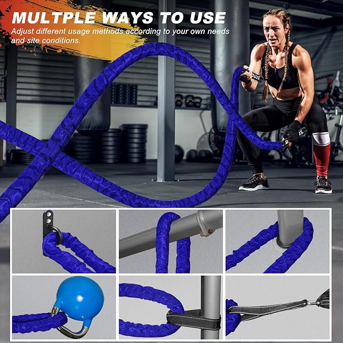Battle Ropes for Home Gym 1.5Inch Diameter 30FT Lengths Workout Heavy Battle Ropes for Exercise Training Weighted Ropes, Working Out Exercise Equipment with Protective Cove - Blue