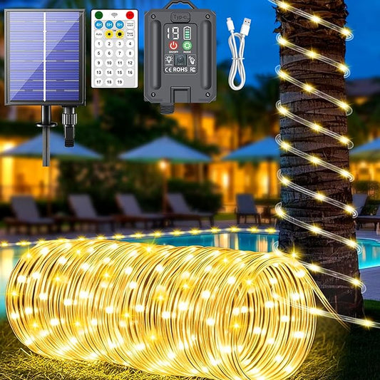 New Upgraded Solar Rope Lights 500 LED 170ft 19 Modes Solar Powered & USB Rechargeable String Lights Outdoor Waterproof with Remote Timer Dimmable for Pool Yard Party Wedding Christmas (500LED-Warm)