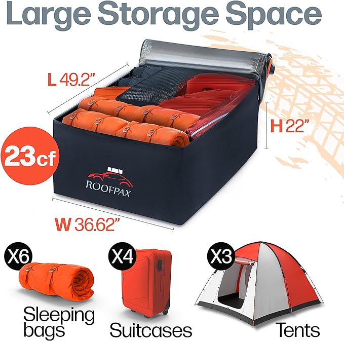 RoofPax 23 cft. Extra Waterproof Rooftop Cargo Carrier Bag, Double Weatherproof Zippers,10 Heavy-Duty Tie-Down Straps fit Cars with/Without a Rack or Side Rails, Safety Hooks Included