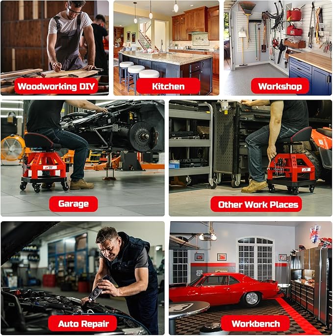 Rolling Shop Stool for Garage with Casters, DO02-Adjustable Height 360° Swivel Shop Seat with Tool Tray Storage, 330 LBS Capacity Padded Mechanic Stool, Magnetic Tool Hold, Heavy Duty, Red