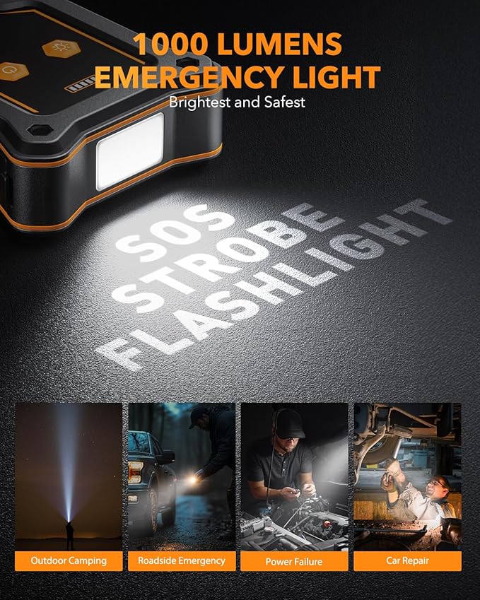 OXILAM 8000A Jump Starter - Car Jumper Starter Portable for All Gas & Diesel Engines, 12V Jump Box for Car Battery with Extended Jumper Cables, USB, DC, Type C Port & LED Light