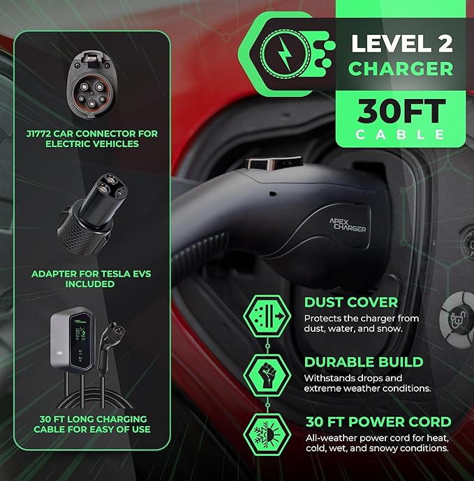 MACH 1: Fast 48 Amp Level 2 EV Charger, Wall-Mount Electric Vehicle Charging Station, 200-240V Hardwire or NEMA 14-50. J1772 car Connector & Tesla NACS, Indoor/Outdoor, 30ft Cable evse Adapter