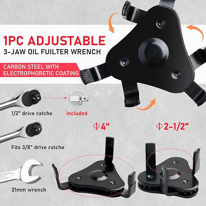 Oil Filter Wrench Set, 8 Piece Adjustable Oil Filter Pliers 2-3/4" to 5-1/4", 9" & 12" Universal Oil Filter Removal Tool with 1/2" to 3/8" Adapter, Organized in Storage Case (8-Piece Set)