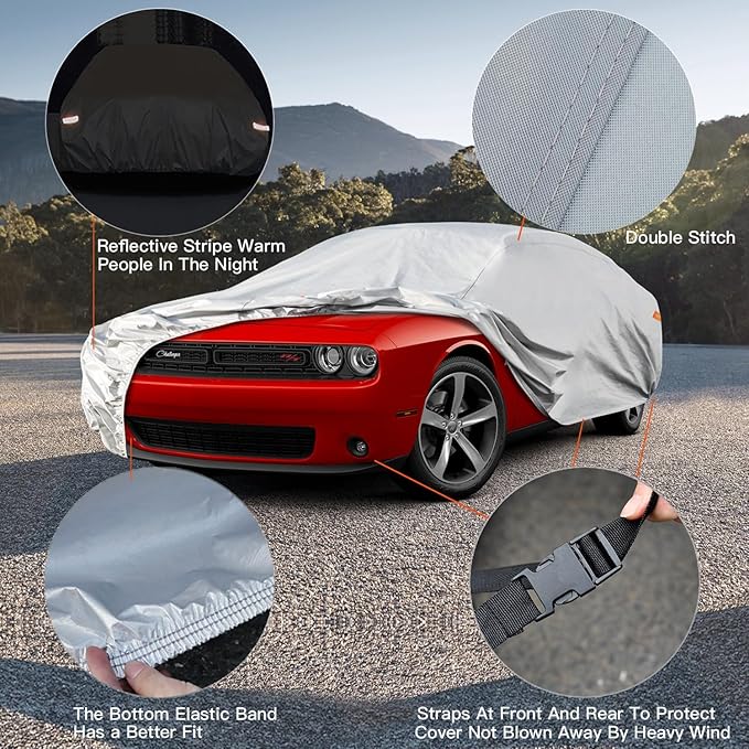 Kayme 6 Layers Car Cover Waterproof All Weather for Automobiles, Outdoor Full Cover Universal Fit for Dodge Challenger Hellcat Demon, Porsche Panamera Taycan, Rain UV Protection.(194-208 inch)