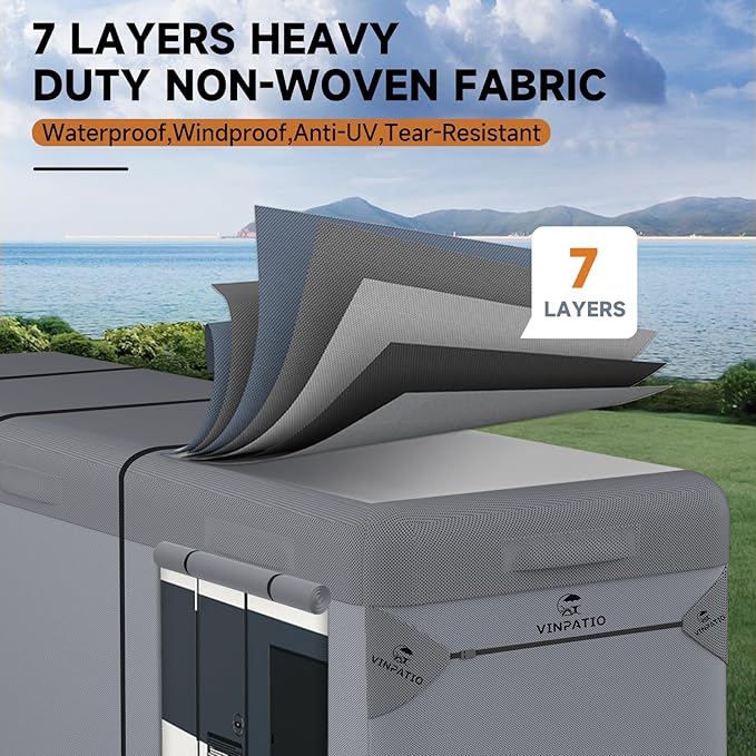 VINPATIO Class A RV Cover Extra Thick 7 Layers Top, Fits 31'-34' RV, Heavy Duty Windproof Waterproof Class A Motorhome Cover with 2 Extra Long Straps, Gutter Covers