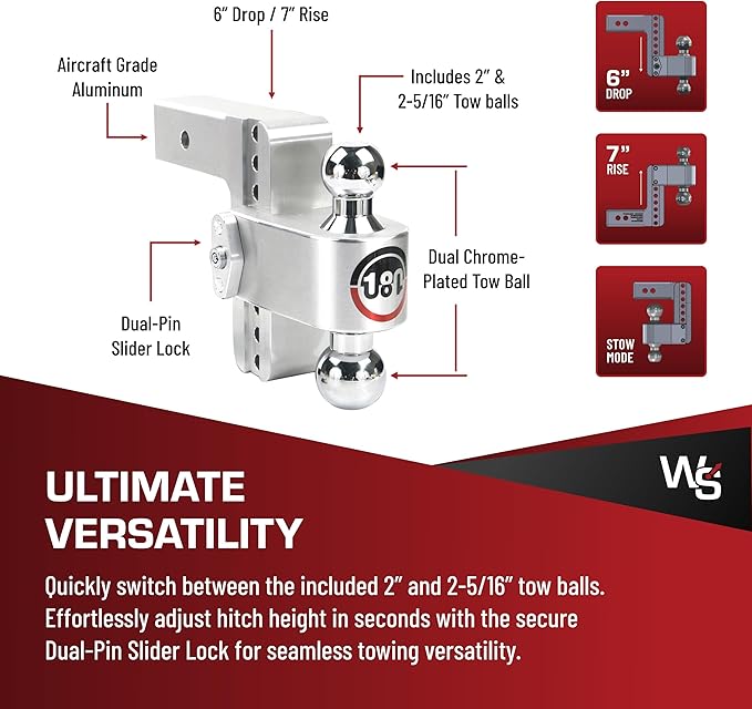 Weigh Safe Adjustable Trailer Hitch Ball Mount, 6" Adjustable Drop Hitch for 2.5" Receiver w/ 4 pc Keyed Alike Lock Set, Heavy Duty Aluminum Trailer Tow Hitch w/Chrome Plated Tow Balls, 18,500 GTW