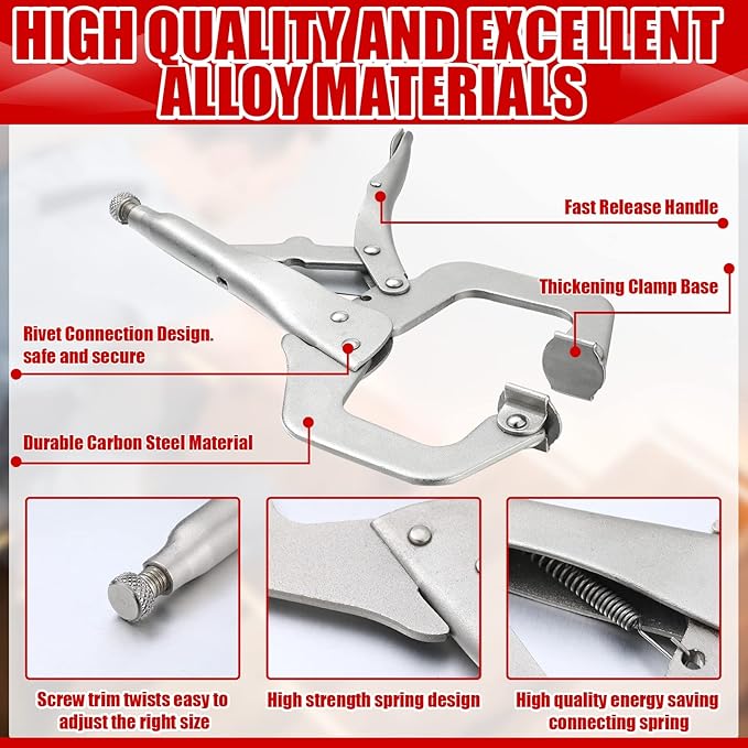 Yexiya 10 Pcs Locking C Clamp, Locking Pliers Adjustable Welding Clamp with Regular Tip and Swivel Pad for Shop Home Farm and Auto Workshop Woodworking, Cabinetry, Repair (11 Inch)