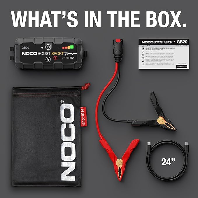 NOCO Boost GB20: 500A UltraSafe Jump Starter – 12V Lithium Battery Booster Pack, Portable Jump Box, Power Bank & Jumper Cables - for 4.0L Gas Engines