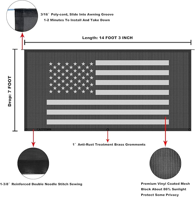 Tentproinc RV Awning Sun Shade Screen 7' X 14' 3'' (American Flag) Black Mesh Sunshade Camper Trailer Awning Shade Screen UV Blocker Completed Kits