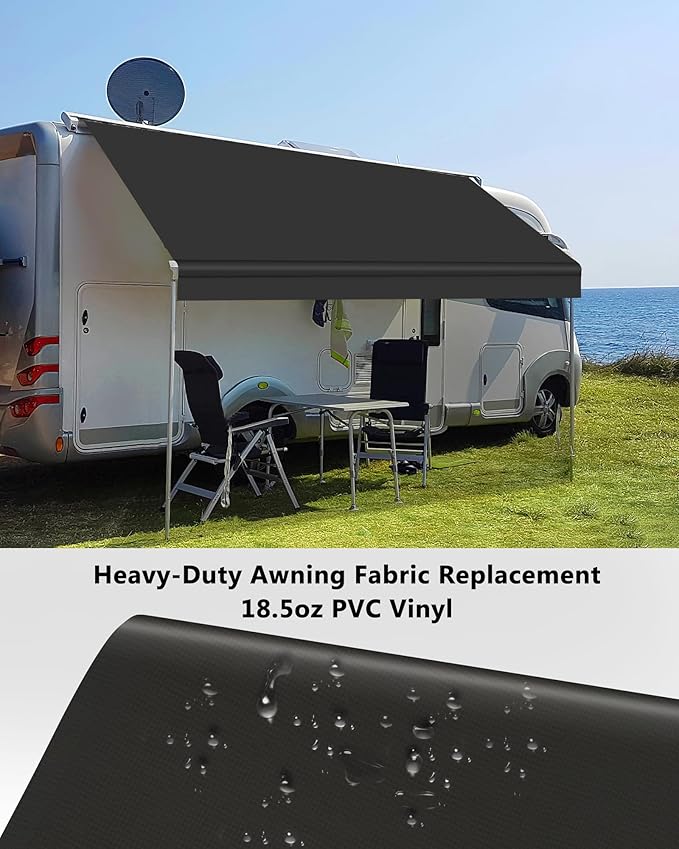 RV Awning Fabric Replacement, 18.5oz Heavy-Duty Weatherproof Vinyl Camper Awning Replacement Universal Outdoor Canopy for RV, Motorhome, Trailer Awnings (Black, 14'(Fabric 13'2"))