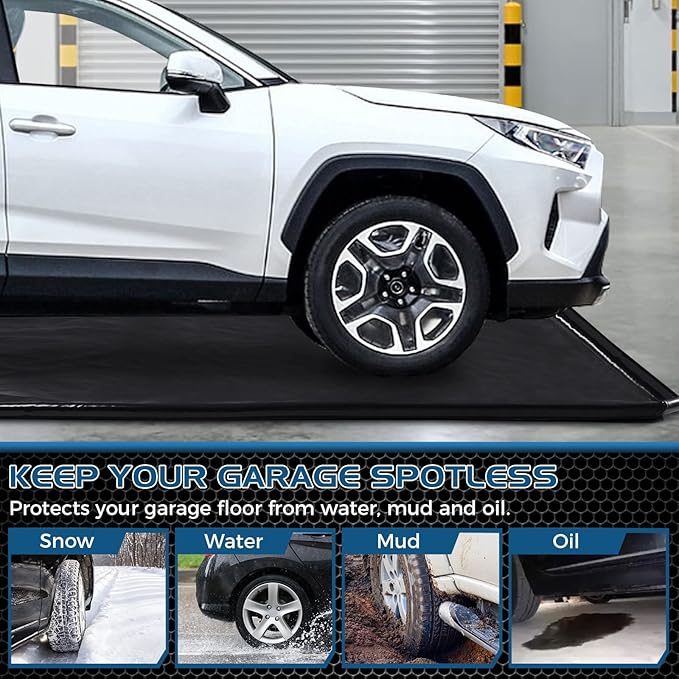 Waterproof Garage Floor Mat for Under Car, 7'9"x16' Heavy Duty Containment Mat with Free Floor Squeegee, Protects Garage Floor from Snow, Slush, Water, Mud and Oil